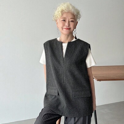 여성 솔리드 다크 그레이 울 소재 민소매 브이넥 포켓 장식 루즈 캐주얼 다용도 레이어링 정규 재킷, 가을