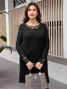 SHEIN LUNE Valentine's Day Dress Women Casual Lace Patchwork Long Sleeve Mini Dress, Simplistic Designvalentine Day - Black - View 3