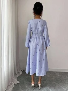 INAWLY Robe mi-longue élégante et décontractée pour femmes, avec nœud, col en V et manches lanternes. Rayures. Convient pour les voyages et les vacances, automne/hiver - Bleu azur - Voir 2