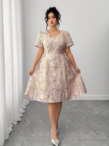 Elenzga 大码 V 领短袖提花腰优雅连衣裙 - 粉色 - 查看 3