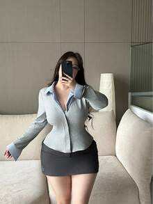 Flirla 初秋甜辣拼布修身女款T恤 - 灰色 - 查看 3