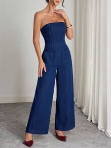 Elenzga 女式露肩口袋设计阔腿时尚牛仔连体裤 - 藍色 - 查看 7