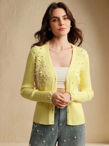 Anewsta Women's Lace Floral Beaded Yellow Cardigan - Yellow - View 6