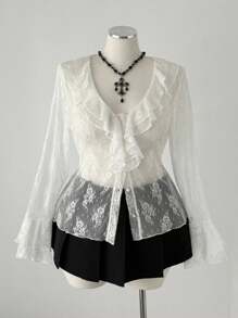 Sunspun Áo cánh ren cổ chữ V viền bèo nhún, áo sơ mi tay loe gợi cảm thường ngày, áo kiểu Pháp đi chơi - Màu be - Xem 7