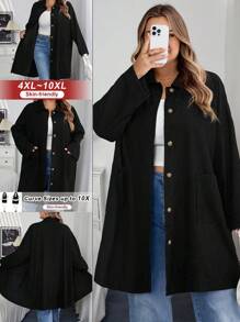 SHEIN CURVE+ Curve 加大码/秋装/秋季女装/女冬装/冬装大码女式乡村风格灯芯绒双口袋纽扣门襟中长外套，秋季夹克加大码夹克 8xl 女装 6xl 加大码女装 5xl 加大码加大码灯芯绒夹克，女式秋季服装/秋/冬 - 黑色 - 查看 1