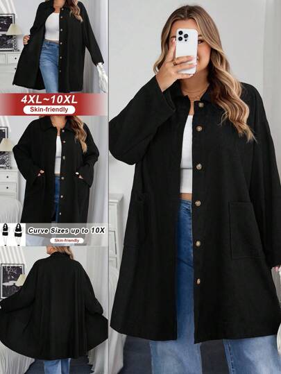 SHEIN CURVE+ Curve 加大码/秋装/秋季女装/女冬装/冬装大码女式乡村风格灯芯绒双口袋纽扣门襟中长外套，秋季夹克加大码夹克 8xl 女装 6xl 加大码女装 5xl 加大码加大码灯芯绒夹克，女式秋季服装/秋/冬