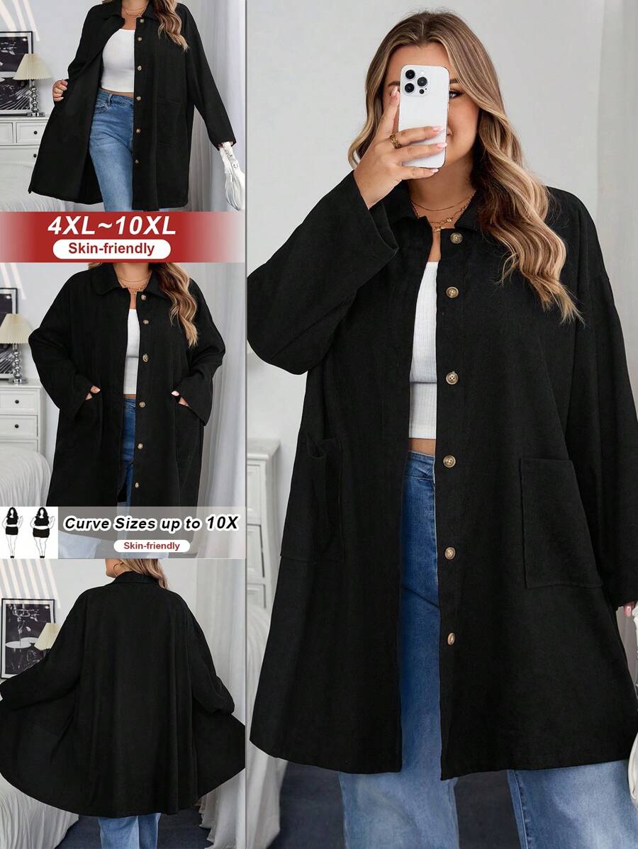 SHEIN CURVE+ Curve 加大码/秋装/秋季女装/女冬装/冬装大码女式乡村风格灯芯绒双口袋纽扣门襟中长外套,秋季夹克加大码夹克 8xl 女装 6xl 加大码女装 5xl 加大码加大码灯芯绒夹克,女式秋季服装/秋/冬 - 黑色 - 查看 1