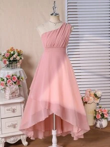 Tween Girl Sleeveless Ruffled Waist Elegant Party Dress, Suitable For Halloween, Christmas - Pink - View 4