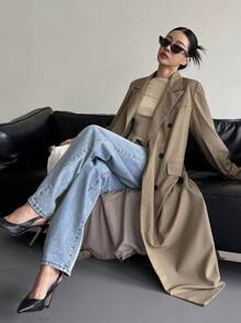 DAZY 女士宽松长款双排扣口袋长袖休闲街头春秋季风衣外套商务装 - 棕色 - 查看 6