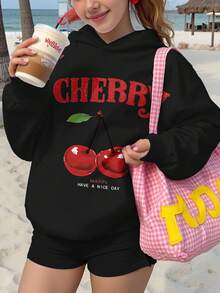 SHEIN Leap Crew 黑色复古樱桃图案少女休闲宽松卫衣，舒适长袖，适合秋冬季节穿着。 - 彩色 - 查看 3