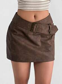 Aidyla 女式秋季复古硬币设计低腰 PU 皮革镂空短款紧身棕色派对俱乐部服装优雅铅笔裙