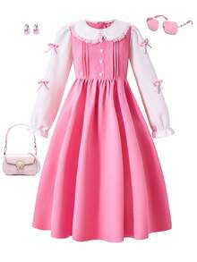 Girls Ruffle Collar 2 In 1 Pleated Bow Long Dress, Back To School Spring/Autumn Dress - Pink - View 4
