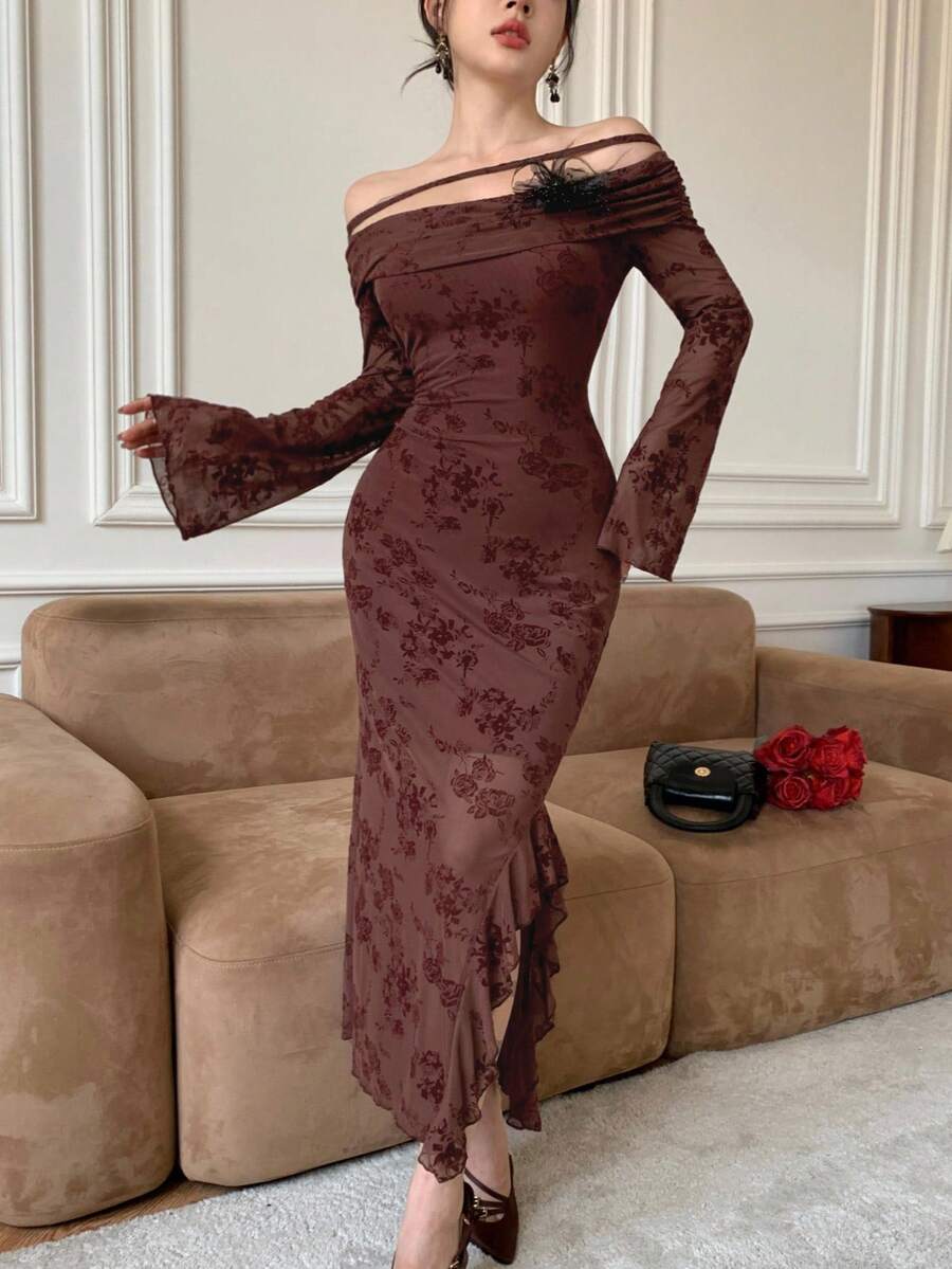 Modelyn Flockiertes Herbst-/Winterkleid im eleganten Retro-Muster für Lehrerinnen - Bordeaux - Übersicht 1