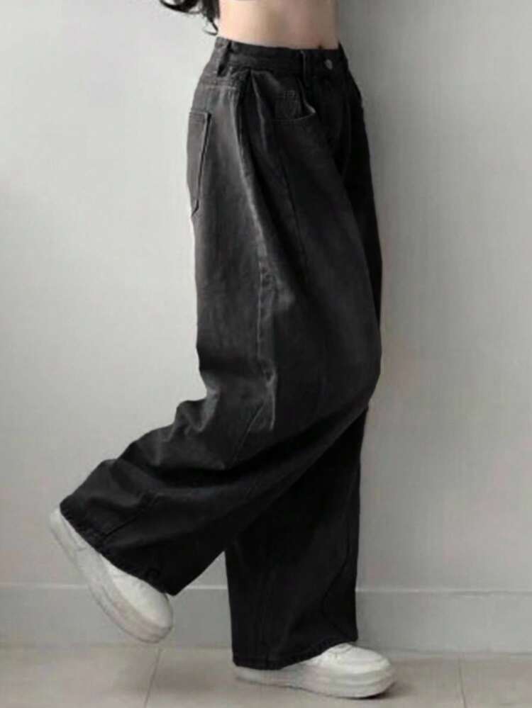 Women's Solid Color Loose Fit Pocket Casual Jeans