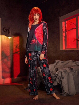 IT x SHEIN Bekvämt loungeset med långärmad topp och byxor för kvinnor, höst, höstkläder