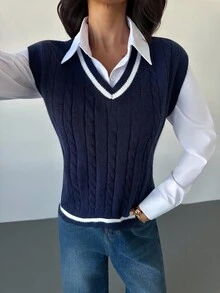 Firerie 女式条纹撞色麻花针织 V 领毛衣背心（不含衬衫），基本款日常通勤针织上衣，百搭必备，秋冬服装，通勤，优雅，休闲，日常，工作 - 藏蓝色 - 查看 8