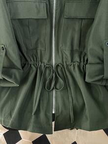 SHEIN Lacomfia Chaqueta casual de manga larga con cremallera, bolsillos múltiples y cordón para mujer de talla grande