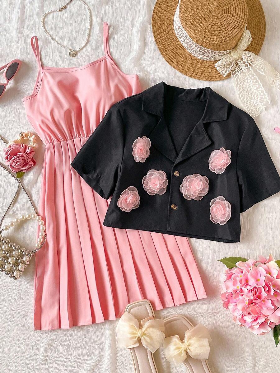 SHEIN Tween Girl 3D Floral Decor Lapel NeckShort Sleeve Jacket And Camisole Dress Set - Pink - View 1