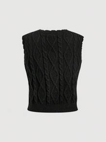 SHEIN Unity Women's Drawstring Pearl Decor Crew Neck Solid Color Knit Top,Casual Daily Wear,Commuter Style - Black - View 3