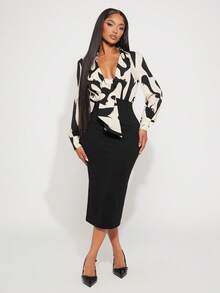 Radiana Women's Elegant Black & White Striped Long Sleeve Bodycon Dress, Fashion Business Commuter Dress For Work, Party, Gathering Shirt Dress Midi Dress Business Casual Dress Hip Skirt