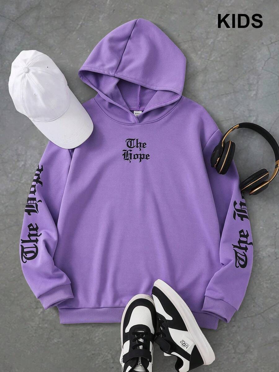 PAVTROS Tween Boy Gothic Font Print Sweatshirt, College Style Chic Outfits For Autumn/Winter - Purple - View 1