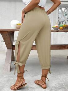 SHEIN LUNE Quần lửng cạp cao có dây rút cỡ lớn, thích hợp cho mùa xuân/hè. - Màu Khaki - Xem 4