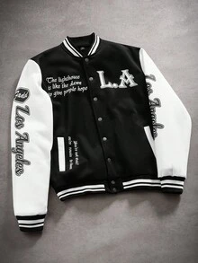 Manfinity Campus Court Aesthetic Post--Men's Long Sleeve "Los Angeles" Print Y2K College Style Varsity Thermal Lined Baseball Jacket, Black And White, Fashionable On INS, Back-To-School & Halloween Must-Have, Perfect Gift For Your Boyfriend, Men Varsity Jacket Black And White Varsity Jacket Los Angeles Jacket , Fall Winter, Grunge - Black - View 3