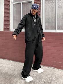 Manfinity Roghcode 男士闪亮拉链连帽长袖休闲运动衫（亮片和水钻应用随机）男士 Y2k 服装拉链连帽衫男士水钻连帽衫男士黑色水钻连帽衫 Y2k 连帽衫 - 黑色 - 查看 3