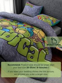 TEENAGE MUTANT NINJA TURTLES | SHEIN 3pcs Bedding Set, Soft & Breathable Cozy Warm Cartoon Turtle Pattern Gray Duvet Cover - Grey - View 11