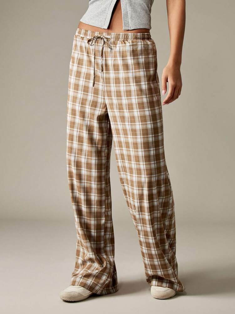MISSGUIDED Plaid Wide Leg Palazzo Pants Drawstring High Waist Loose Fit Lounge Trousers Fall Winter Casual Comfort Wear