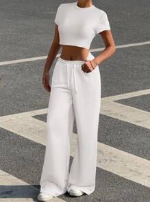 Muchica 2 件套女士休闲圆领短袖上衣和阔腿裤套装，夏季 - 白色 - 查看 6