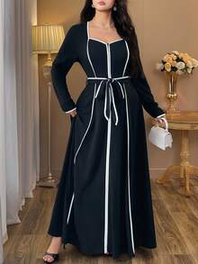 Auvina 女式优雅黑白深 V 领高低腰系带修身长袖超长连衣裙，加大码，春秋季 - 黑色 - 查看 4