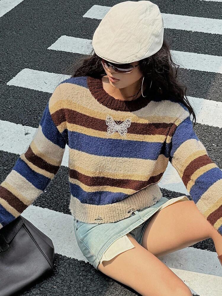 Women's Casual Colorblock Striped Pattern Butterfly Applique Drop Shoulder Loose Distressed Short Pullover Sweater, Autumn/Winter