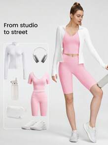 GLOWMODE FeatherFit™ Cropped T-Strap Tank & High-Rise Biker Shorts Set - Pink - View 9