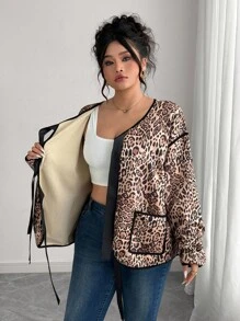 Elenzga Plus Size Women's Leopard Print Contrast Piping Tie Front Loose Jacket, Casual Style For Spring & Autumn Winter Autumn Fall - Multicolor - View 7