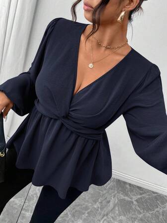 Firerie Plus Size Casual T-shirt med långärmad kant, Grön