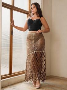 Anewsta Women's High-End Elegant Exquisite Laser Cut Foil Skirt, Plus Size - Brown - View 4
