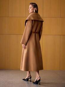 MOTF PREMIUM 羊毛配腰带翻领大衣，秋冬 - 駝色 - 查看 4