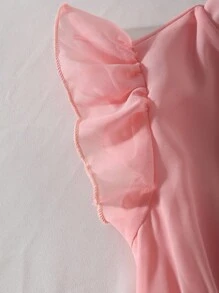 Tween Girls' Elegant Light Pink Summer Wedding Midi Dress,Stand Collar Flutter Sleeve Cinched Waist Asymmetric Hem Chiffon 3D Flower Decor Dress - Pink - View 6