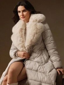 Anewsta Áo khoác lông vũ dài thanh lịch dành cho nữ, có eo thắt, chần bông hình thoi, cổ áo rộng bồng bềnh, áo khoác đệm có khóa kéo màu trắng - Màu be - Xem 6