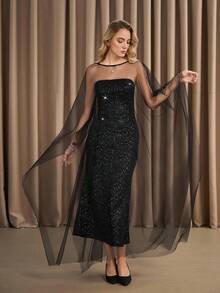 女式两件套，包括亮片迷你连衣裙和透明罩衫，时尚性感的风格，迷人的轮廓，飘逸的美感，适合派对、晚宴、约会，春季、秋季、冬季穿着 - 黑色 - 查看 3