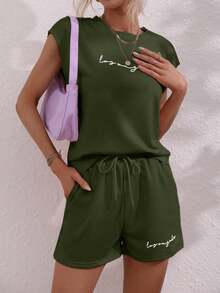 SHEIN LUNE 女士休闲字母印花 T 恤和短裤两件套，夏季 - 軍綠色 - 查看 3