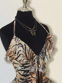 SHEIN ICON Fitted Tiger Stripe Mesh Sheer Long Tie Design Asymmetrical Hem Women Tank Top Ruffle Dress - Brown - View 5