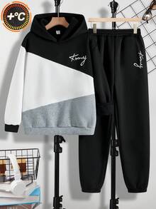SHEIN 青少年男孩拼色文字刺繡連帽衛衣與運動長褲2件套，返校街頭風畢業秋季休閒運動服套裝 - 彩色 - 查看 6