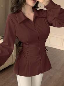 Modelyn 女士休闲日常通勤简约时尚百搭纯色系腰长袖衬衫，春秋季女士优雅衬衫棕色衬衫紧身胸衣衬衫修身衬衫系带衬衫 - 紅色 - 查看 5
