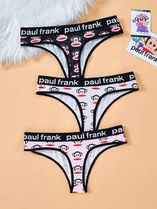 Paul Frank X SHEIN Tanga cómodo para mujer con estampado de mono y cinta con letras - Negro - Ver 2