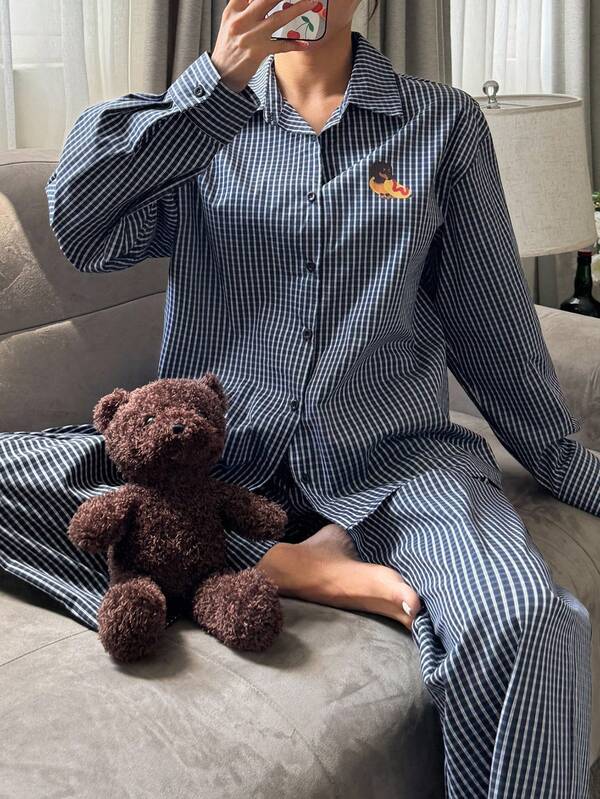 DAZY 可爱小狗印花条纹宽松女士睡衣套装，秋季衣服