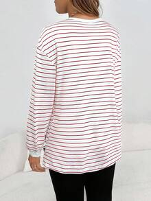 SHEIN 孕妇条纹落肩长袖宽松休闲T恤 - 紅白色 - 查看 2