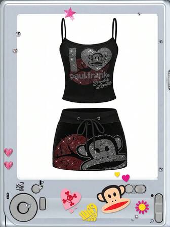Paul Frank X ROMWE Y2K Logo Rhinestone Decor Camisole Top And Mini Skirt 2 Pieces Set