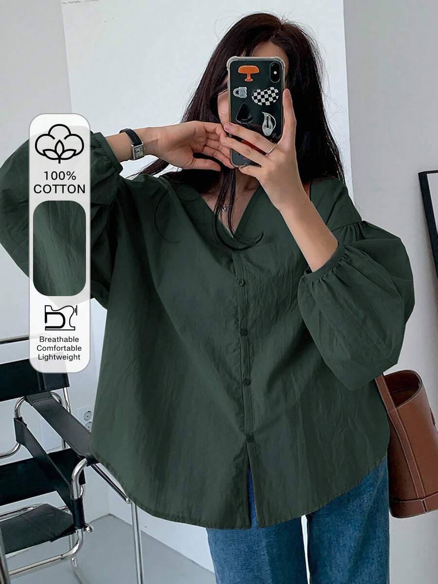 DAZY 女士纯色透气舒适轻薄灯笼袖单排扣衬衫秋季上衣长袖上衣 - 墨綠色 - 查看 1